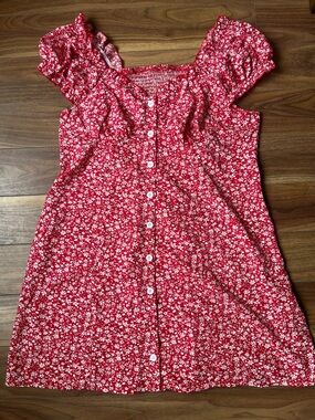 SHEIN Red White Floral Button-Front Mini Dress Size 2XL Ruffles Summer Cute